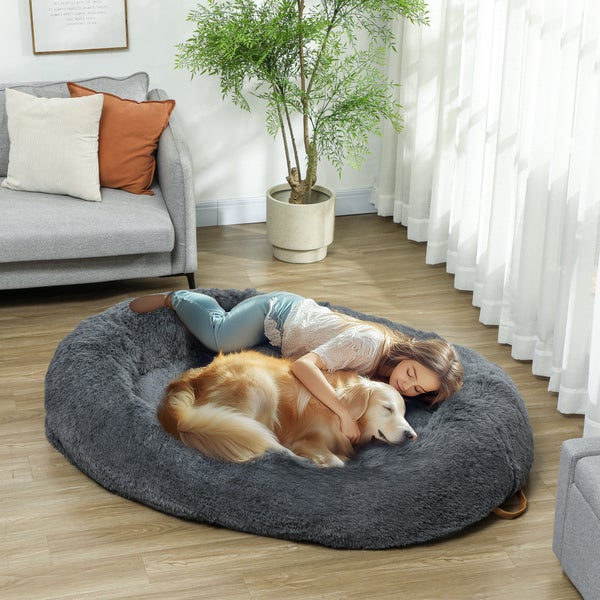 PawHut Hundebett für Menschen Waschbar Katzenbett mit 10 cm dicke Eier-Schaumstoffunterlage, kuschelige Hundekissen mit Haltegriff, 175 x 115 x 35 cm, Plüsch, Dunkelgrau