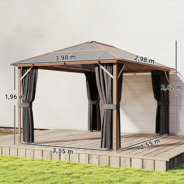 Outsunny Gartenpavillon ca. 4x3m Aluminium Pavillon mit Polycarbonat-Dach 6 mm Holzoptik Moskitonetz 4 Seitenteile, Stabil Winterfest Outdoor Pergola mit Hardtop Haken Naturholz