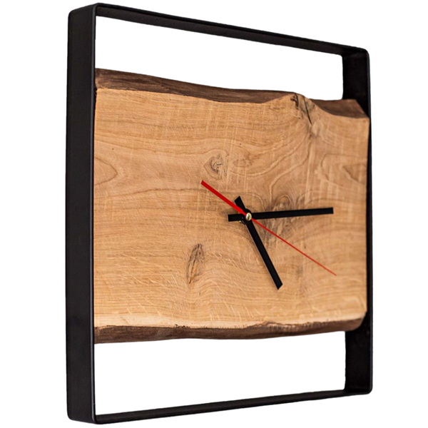 holz4home Quadratische Wanduhr mit Stahlrahmen aus massiver Eiche