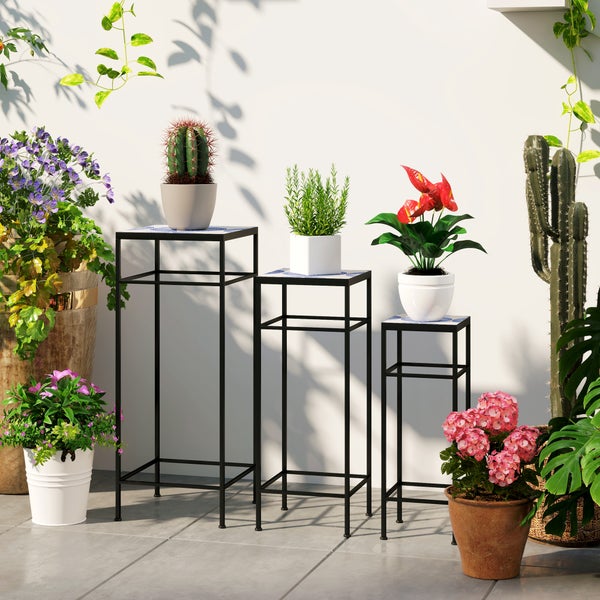 Outsunny 3er-Set Pflanzenständer, 71 cm hoch Blumenständer für Innen, Pflanzenregal aus Metall, 3 verschieden große Blumenregal, Blumenhocker, Blumentopfständer für Wohnzimmer Garten Balkon Blau+Weiß