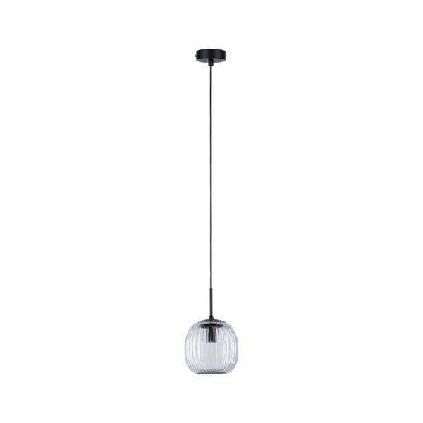 Pendelleuchte mit rundem Glasschirm in Rillenoptik und schwarzer Aufhängung.