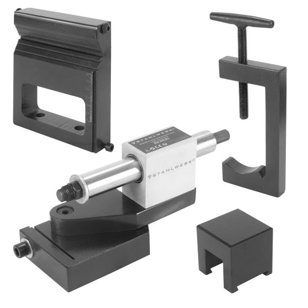STAHLWERK Rohr-Ausklinkmaschine RA-50 ST Set mit verschiedenen Metall-Bauteilen für präzise Rohrverbindungen.