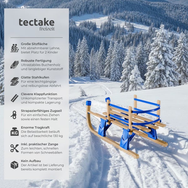 Holzschlitten mit blauen Details vor verschneiter Bergkulisse