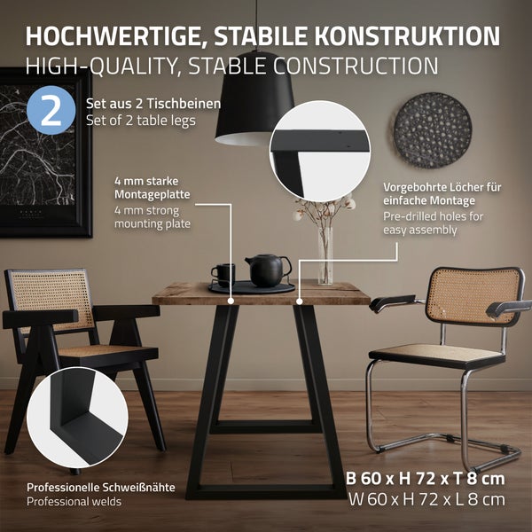 ECD Germany 2x Tischbeine Trapez Design, 60 x 72 cm, Schwarz, aus pulverbeschichtetem Stahl, Industriedesign, Metall Tischkufen Tischuntergestell Tischgestell Möbelfüße, für Esstisch Schreibtisch