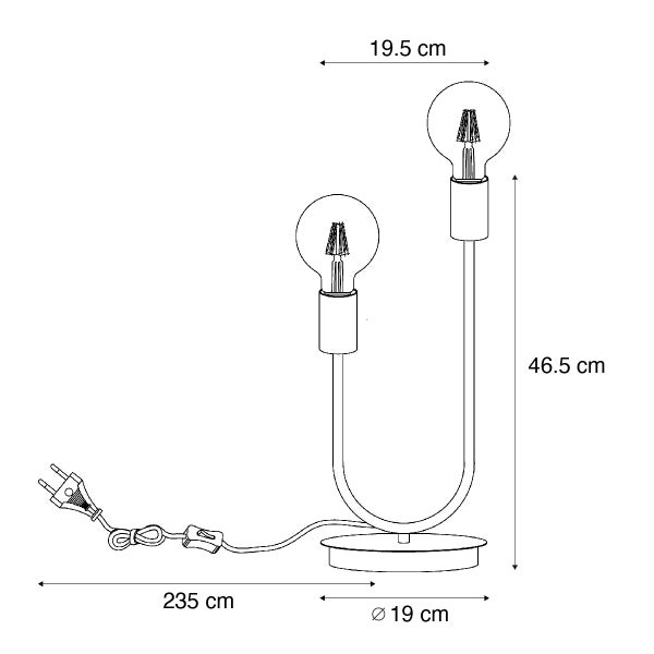 Maßzeichnung zweiflammige Tischleuchte, Höhe 46,5 Zentimeter, Breite 19,5 Zentimeter, Fußdurchmesser 19 Zentimeter, Kabellänge 235 Zentimeter.