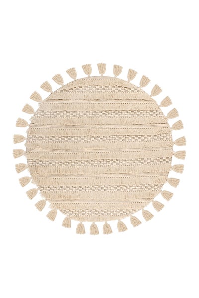 Rundteppich mit Quasten und verschiedenen Webstrukturen.