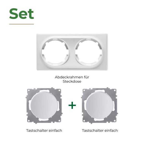 Set bestehend aus einem zweifachen Abdeckrahmen und zwei Tastschaltern zur Unterputzmontage für Elektroinstallationen.