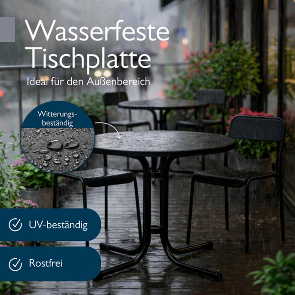 Wasserfeste, witterungsbeständige und UV-beständige runde Tischplatte für den Außenbereich auf einer Terrasse bei Regen, rostfrei.