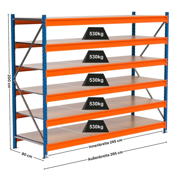 Regal mit fünf Ebenen und einer maximalen Belastbarkeit von 530 Kilogramm pro Ebene