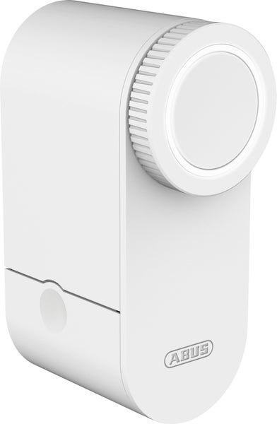 ABUS elektronischer Türschlossantrieb aus Kunststoff in Weiß mit kreisförmigem Drehknopf und ABUS Logo.