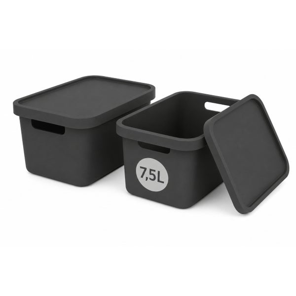 Zwei rechteckige Aufbewahrungsboxen mit Deckel und Griffen, Kunststoff, 7,5 Liter Fassungsvermögen, stapelbar für Ordnung im Haushalt.