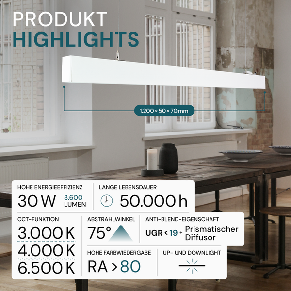 LUXULA LED Büroleuchte 120cm Tresenleuchte Weiß Up&Down Light Hängeleuchte UGR<19 CCT Pendelleuchte erweiterbar Warm-Kaltweiß