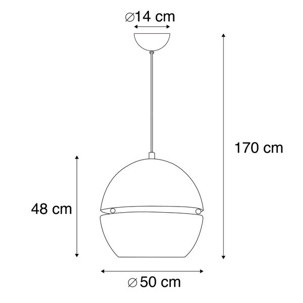 Abmessungen einer Pendelleuchte: 14 Zentimeter Deckenbefestigung Durchmesser, 170 Zentimeter Gesamthöhe, 48 Zentimeter Höhe Lampenschirm und 50 Zentimeter Lampenschirm Durchmesser