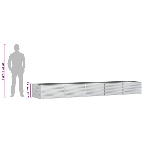 Hochbeet aus verzinktem Stahl mit einer Höhe von 45 Zentimeter, im Größenvergleich zu einer Person mit 180 Zentimeter Körpergröße.