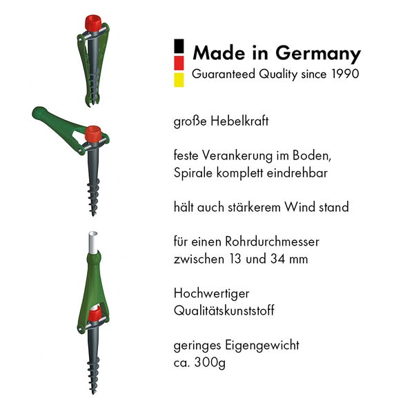Bodenhülse aus Kunststoff für Rohre von 13 bis 34 Millimeter, Made in Germany, circa 300 Gramm, hohe Hebelkraft durch ausklappbaren Griff.