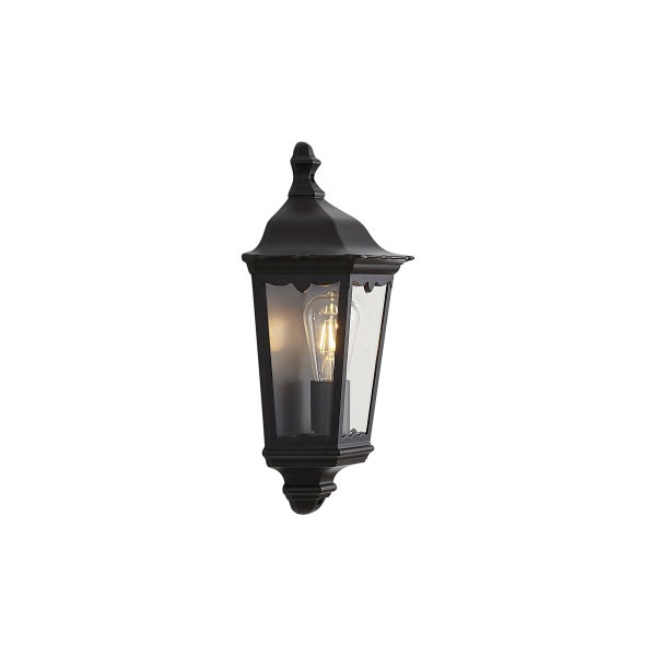 Schwarze Außenwandleuchte im klassischen Laternendesign mit Glaseinsätzen und Leuchtmittel.