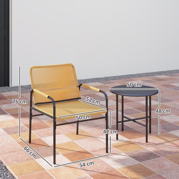 Gartenmöbelset mit Sessel und Tisch, Abmessungen sind dargestellt