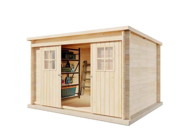 Alpholz Gerätehaus Vera Gerätehaus aus Holz, Geräteschrank mit 19 mm Wandstärke, Gartenhaus mit Montagematerial, Naturbelassen 3,3x2,4m