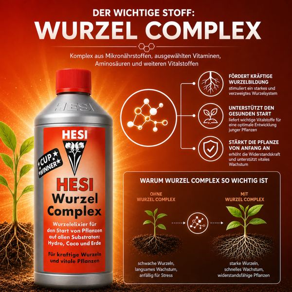 Hesi Wurzel Complex Wurzelelexir zur Wachstumsunterstützung von Pflanzen für Hydro, Coco und Erde in einer Kunststoffflasche mit Produktdetails.