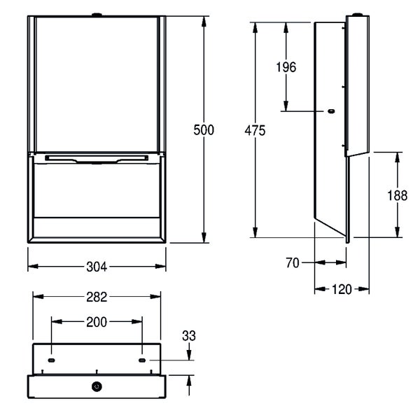 Maßzeichnung mit Abmessungen, Höhe 500 Millimeter, Breite 304 Millimeter, Tiefe 120 Millimeter.