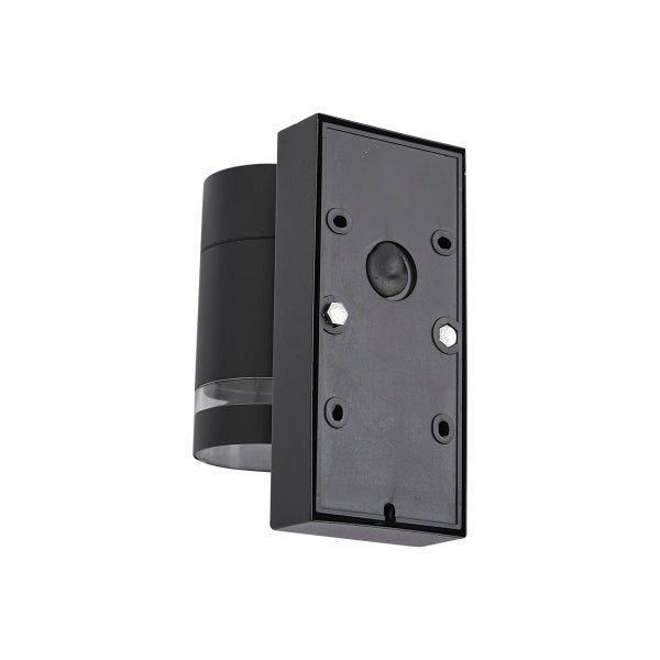 Rückseite einer schwarzen rechteckigen Außenwandleuchte mit Montageplatte, Schraublöchern und zylindrischem Leuchtkörper.