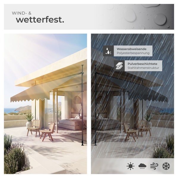 Klemmmarkise auf Terrasse bei Sonne und Regen. Wasserabweisender Polyesterstoff, pulverbeschichteter Stahlrahmen. Wind- und wetterfest.