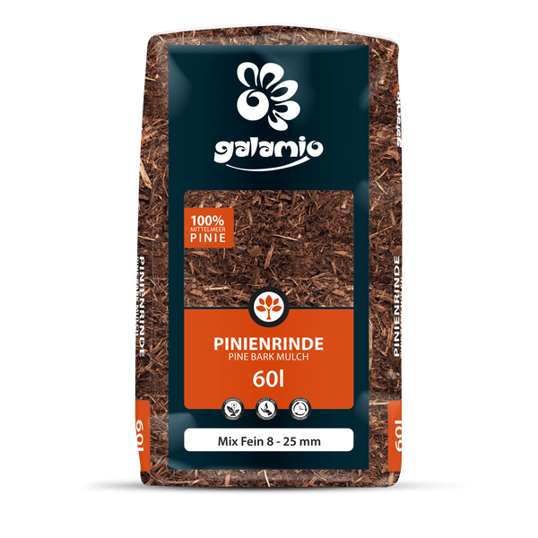 Galamio Logo, Pinienrinde aus 100 Prozent Mittelmeer-Pinie, Mix fein 8 bis 25 Millimeter, 60 Liter Sack.