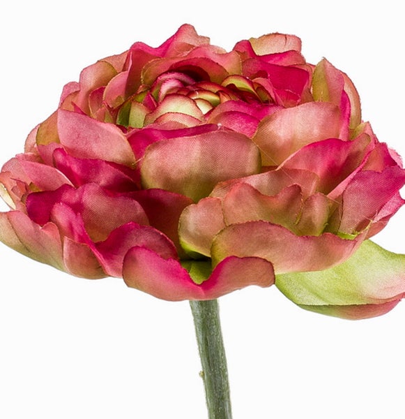 Künstliche Ranunkel-Blüte aus Textilmaterial mit mehrlagigen Blütenblättern in Hellgrün und Rosa.
