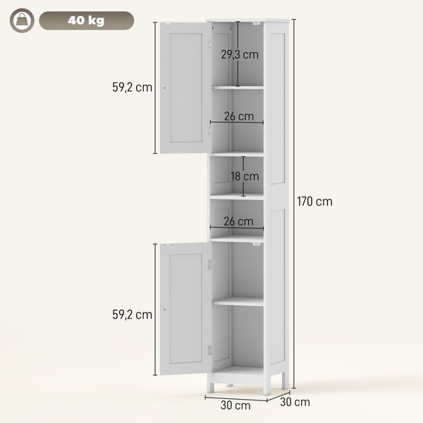 Weißer Hochschrank, 170 Zentimeter hoch, 30 Zentimeter breit und tief. Zwei Türen, Fachhöhenangaben und eine maximale Traglast von 40 Kilogramm.