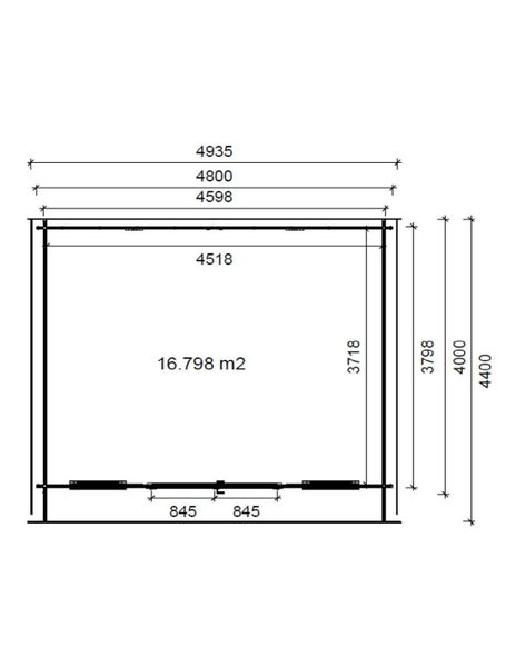 Grundriss eines Gartenhauses mit detaillierten Maßangaben in Millimetern und einer Fläche von 16,798 Quadratmetern.