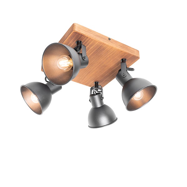 Deckenleuchte mit vier Strahlern und Holzplatte