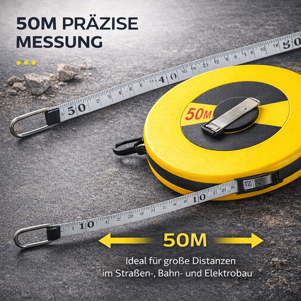 Rollbandmaß 50 Meter für präzise Messungen auf Baustellen, ideal für den Straßenbau, Bahnbau und Elektrobau.
