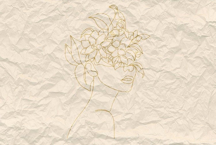 Wandbild mit minimalistischer Linienzeichnung eines Frauengesichts mit Blumen und Blättern auf strukturierter Oberfläche.
