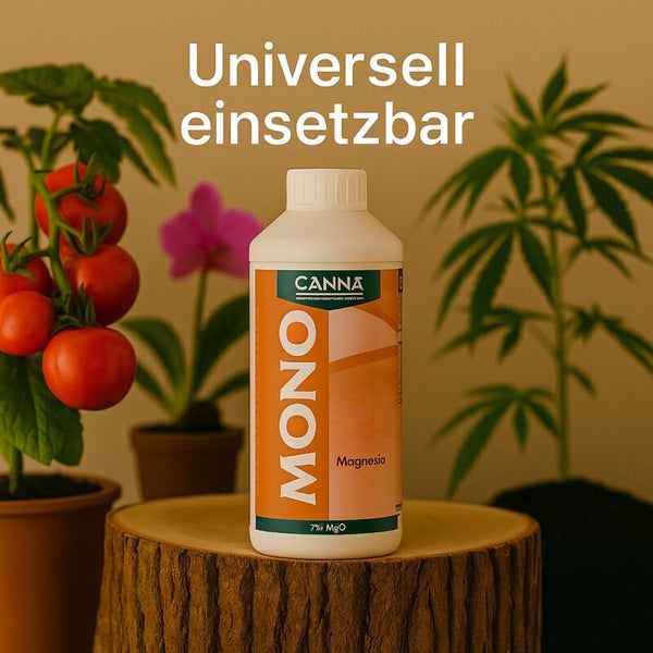 Canna Mono Magnesio Dünger in Flasche auf Baumstamm vor Pflanzen platziert.