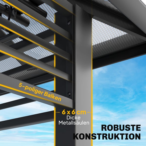 Detail einer robusten Metallkonstruktion mit 6 mal 6 Zentimeter dicken Säulen und einem Balken aus 5 Stäben.