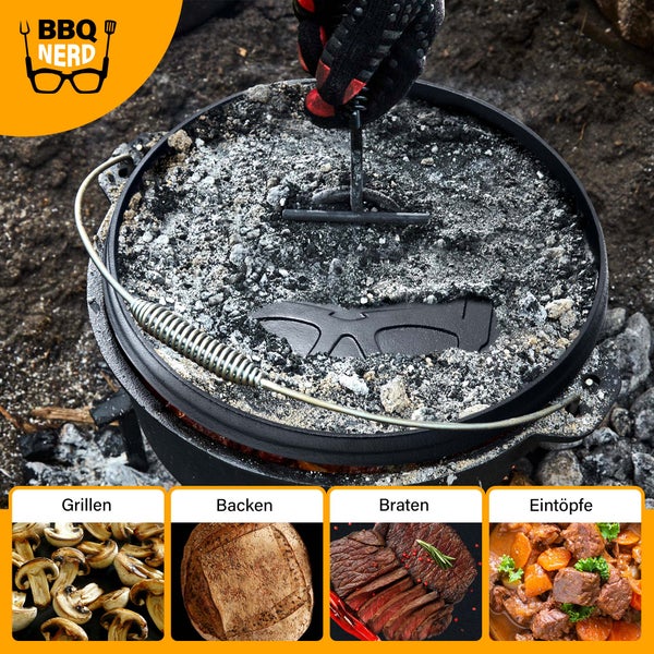BBQ-Nerd Dutch Oven Starter 5,5L mit Ständer| bereits eingebrannt - preseasoned | Gusseisen Feuertopf, Bräter mit Deckel inkl. Deckelheber | Feuerfester Grill & Camping Kochtopf, Grilltopf