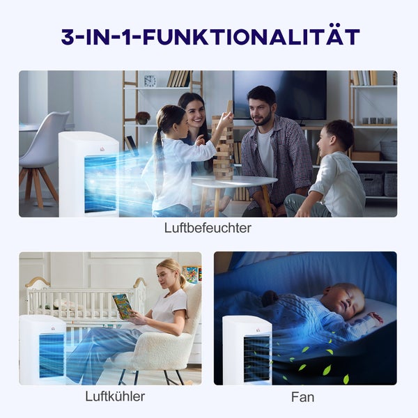 HOMCOM 3 in 1 Mobile Klimaanlage mit Luftbefeuchtung Wasserkühlung, Auto-Oszillierendes 7L Klimagerät mit 7,5h Timer, 3 Geschwindigkeiten 65W Luftkühler mit Fernbedienung, für 20 ㎡ Weiß