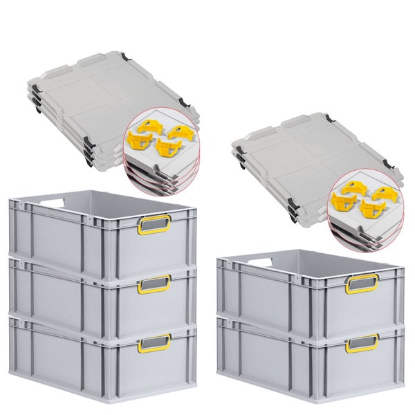 PROREGAL Spar Set 5x Eurobox Nextgen Color Mit Auflagedeckel & Schiebeschnappverschlüsse HxBxT 22 x 40 x 60 cm Griffe Gelb Offen Verstärkter Boden