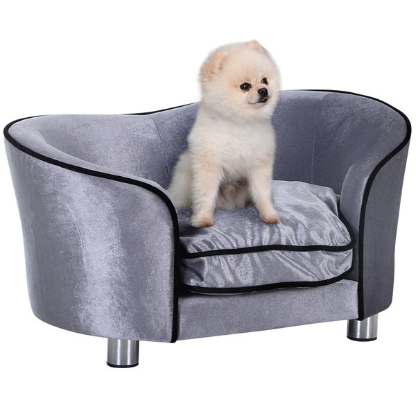 PawHut Hundesofa Luxus Haustiersofa mit Kissen Katzensofa erhöhtes Hundebett<br />Hundecouch Tierbett Plüsch Tannenholz Hellgrau 69 x 49 x 38 cm