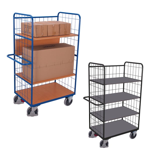 Etagenwagen mit Gitterwänden und vier Lenkrollen, beladen mit Kartons und leer dargestellt.