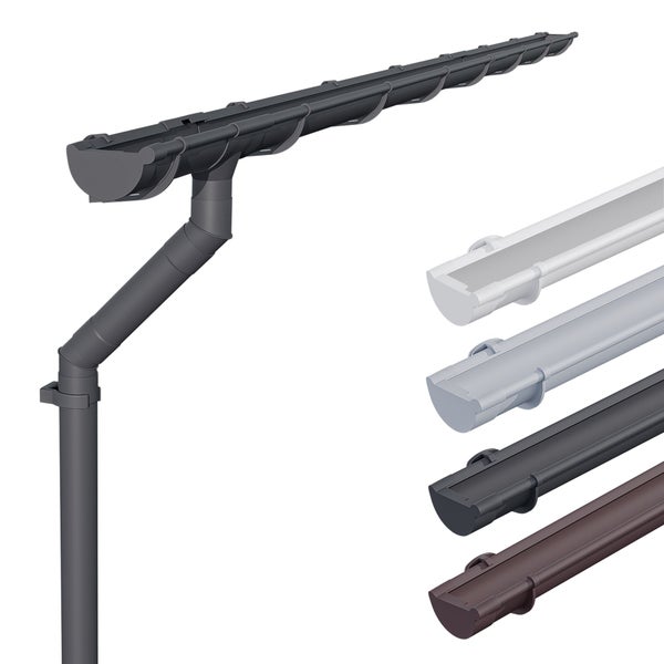 Kunststoff-Dachrinnensystem mit Dachrinne, Fallrohr und verschiedenen Farbvarianten.