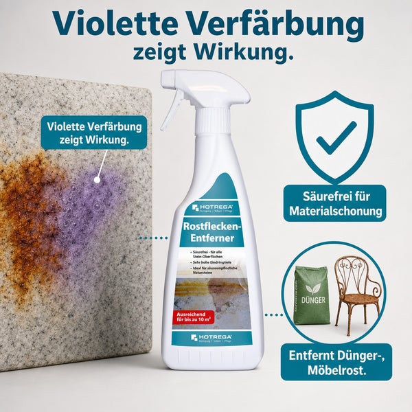 Hotrega Rostfleckenentferner in Sprühflasche für säureempfindliche Steinoberflächen mit Anwendungshinweisen und Wirksamkeitsdarstellung.