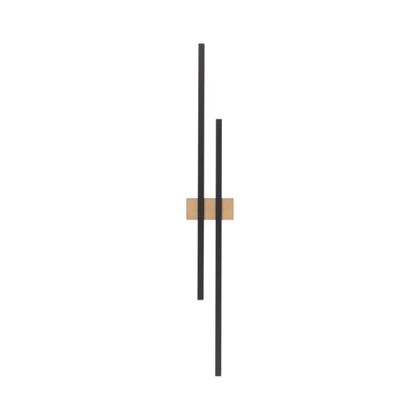 Wandleuchte mit rechteckiger Holzhalterung und zwei vertikalen schwarzen Stäben
