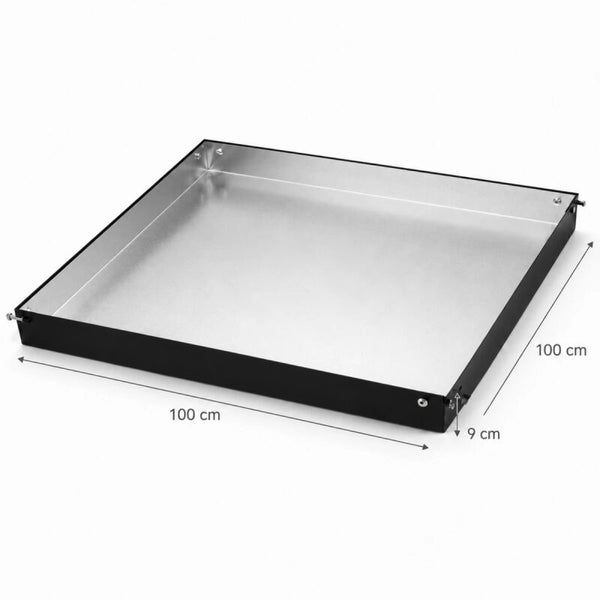 Quadratische Auffangwanne aus Metall mit 100 mal 100 Zentimetern Grundfläche und 9 Zentimetern Höhe.