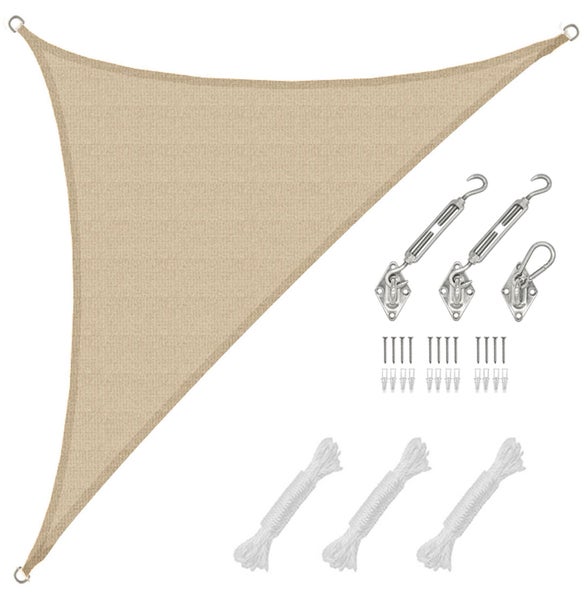 Dreieckiges Sonnensegel Set mit Befestigungsmaterial inklusive Spannschrauben, Wandhalterungen, Seilen, Schrauben und Dübeln.