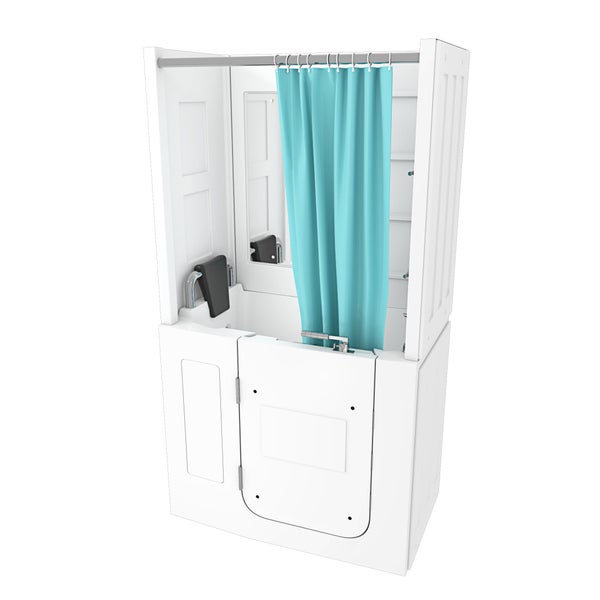 Seniorenbadewanne mit integrierter Tür und Duschvorhang für einen sicheren und bequemen Einstieg in das Bad.