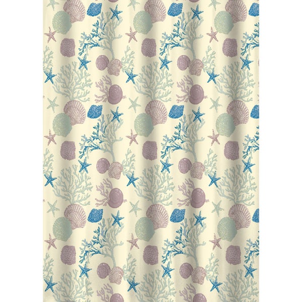 Duschvorhang mit Meeresmotiven wie Seesternen, Korallen und Muscheln.