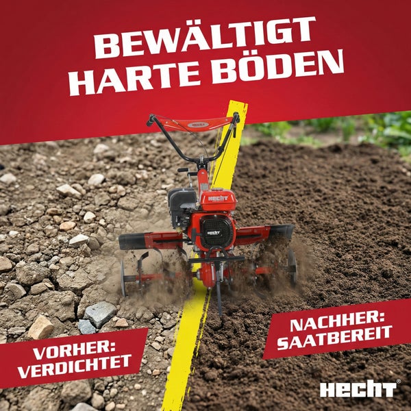 Hecht Motorhacke im Einsatz auf einem Feld, das in vorbereiteten und unvorbereiteten Boden unterteilt ist. Hecht Logo.