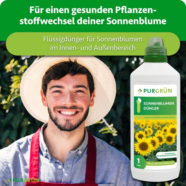 Ein Mann mit Hut lächelt neben einer Flasche Purgrün Sonnenblumendünger mit einem Inhalt von einem Liter.