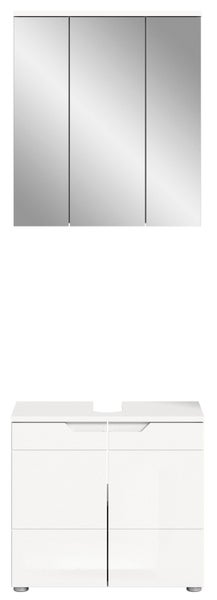 Badezimmermöbel-Set bestehend aus einem dreitürigen Spiegelschrank und einem weißen Waschbeckenunterschrank mit zwei Schubladen.